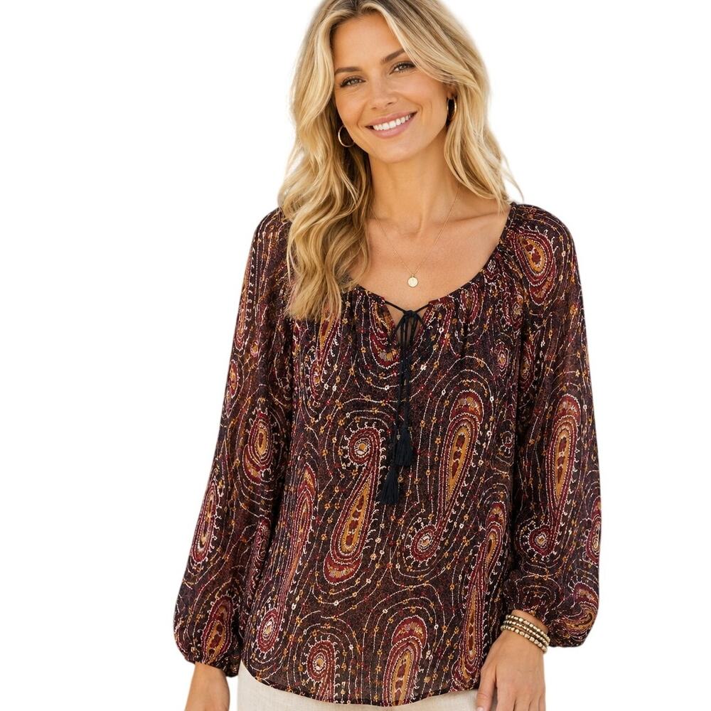 Lucky Brand Paisley Top Womens Small Plum Yellow Sheer Tasseled Peasant Blouse
